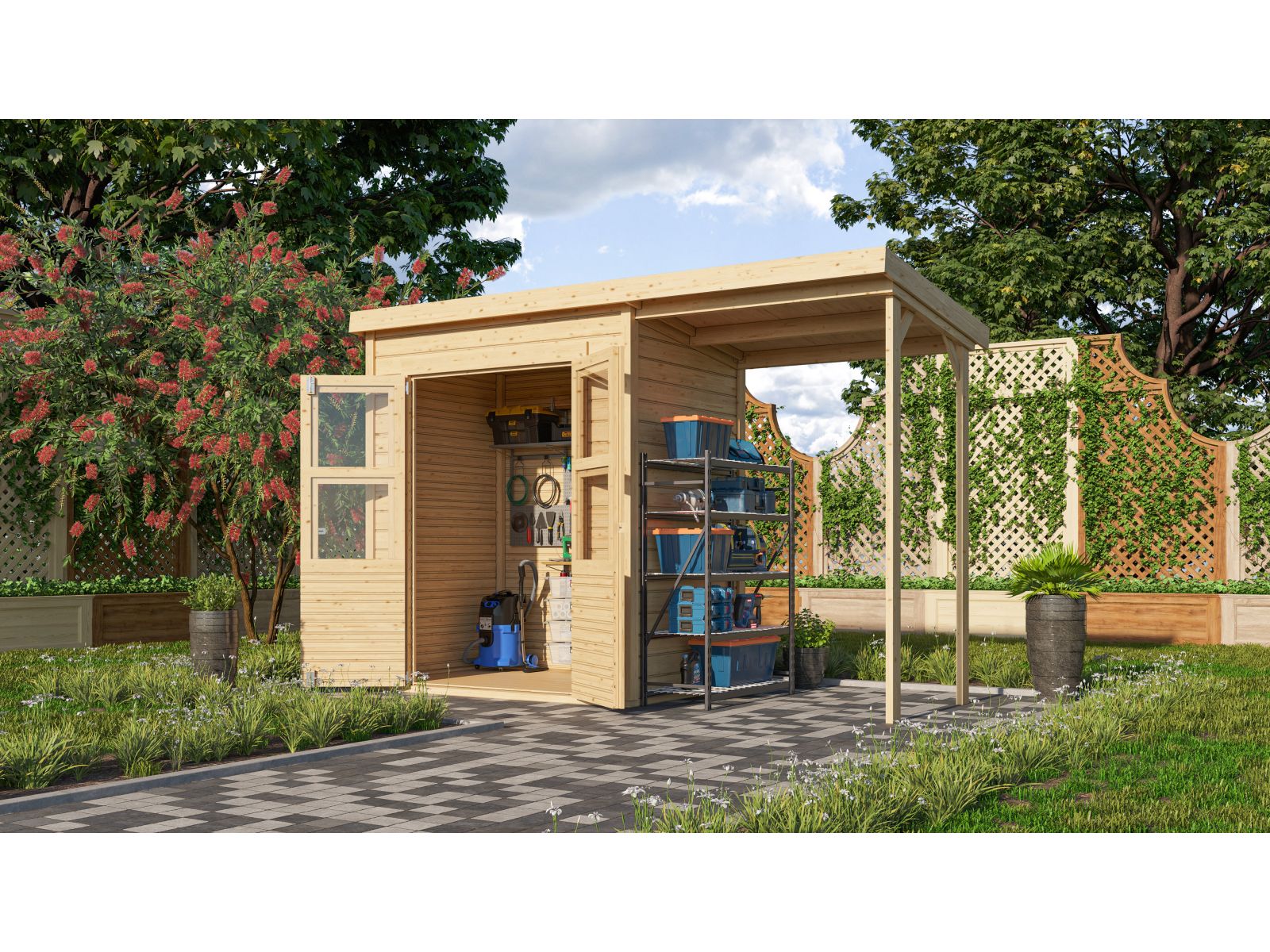 Karibu Gerätehaus Merseburg 2 SET mit Anbaudach