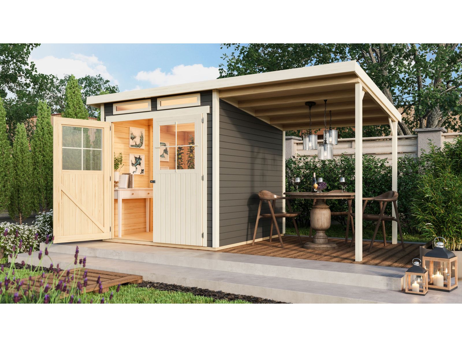 Karibu Gartenhaus Glücksburg 3 terragrau Sparset mit Schleppdach 19 mm