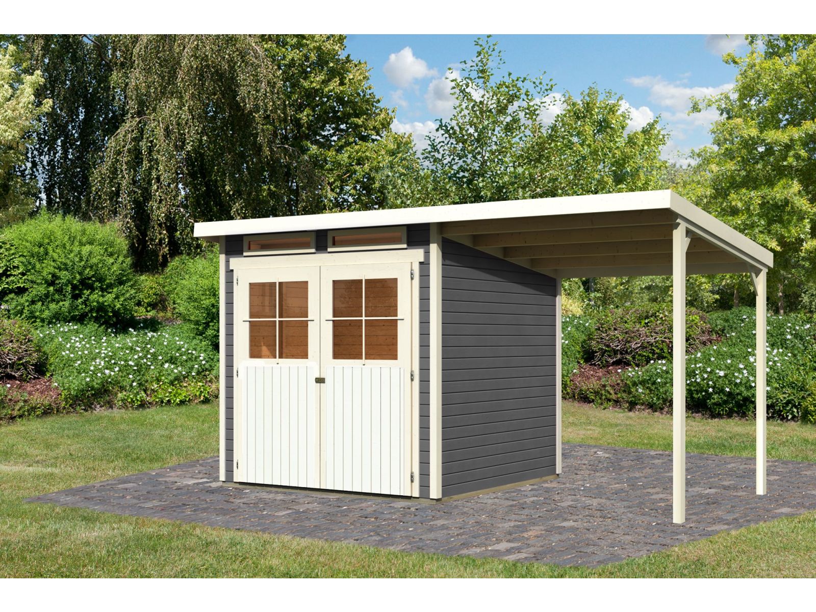 Karibu Gartenhaus Glücksburg 3 terragrau Sparset mit Schleppdach 19 mm