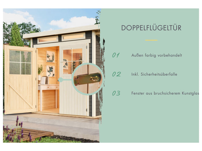 Karibu Gartenhaus Glücksburg 3 terragrau Sparset mit Schleppdach 19 mm