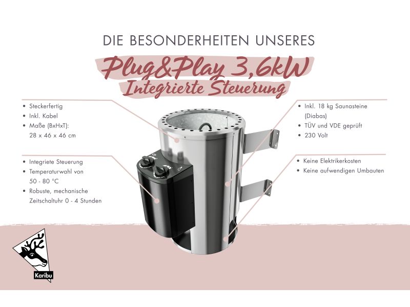 Karibu Saunaofen Plug & Play 3,6 kW integrierte Steuerung steckerfertig