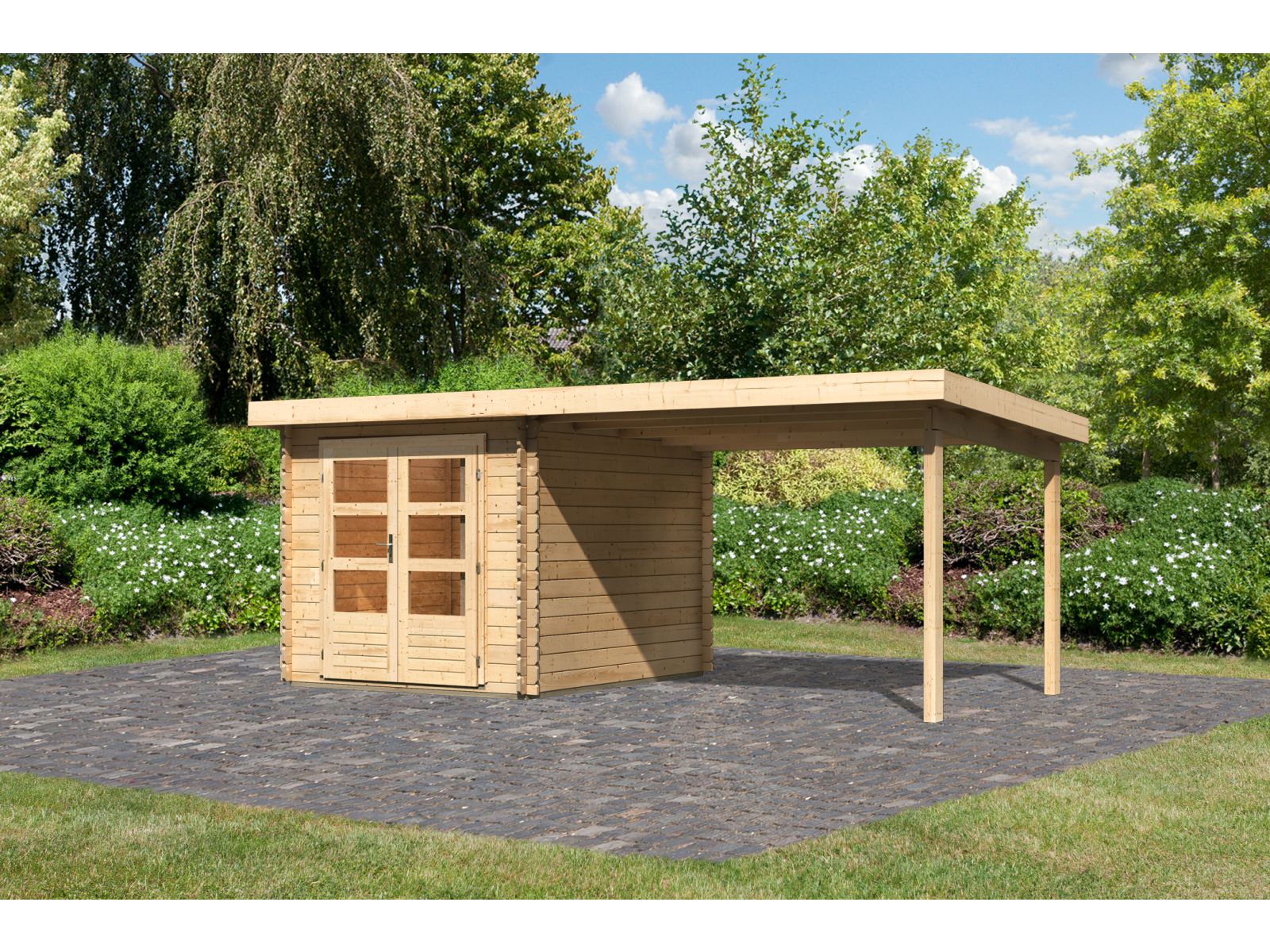 Karibu Gartenhaus Bastrup 4 mit Anbaudach 3 Meter natur