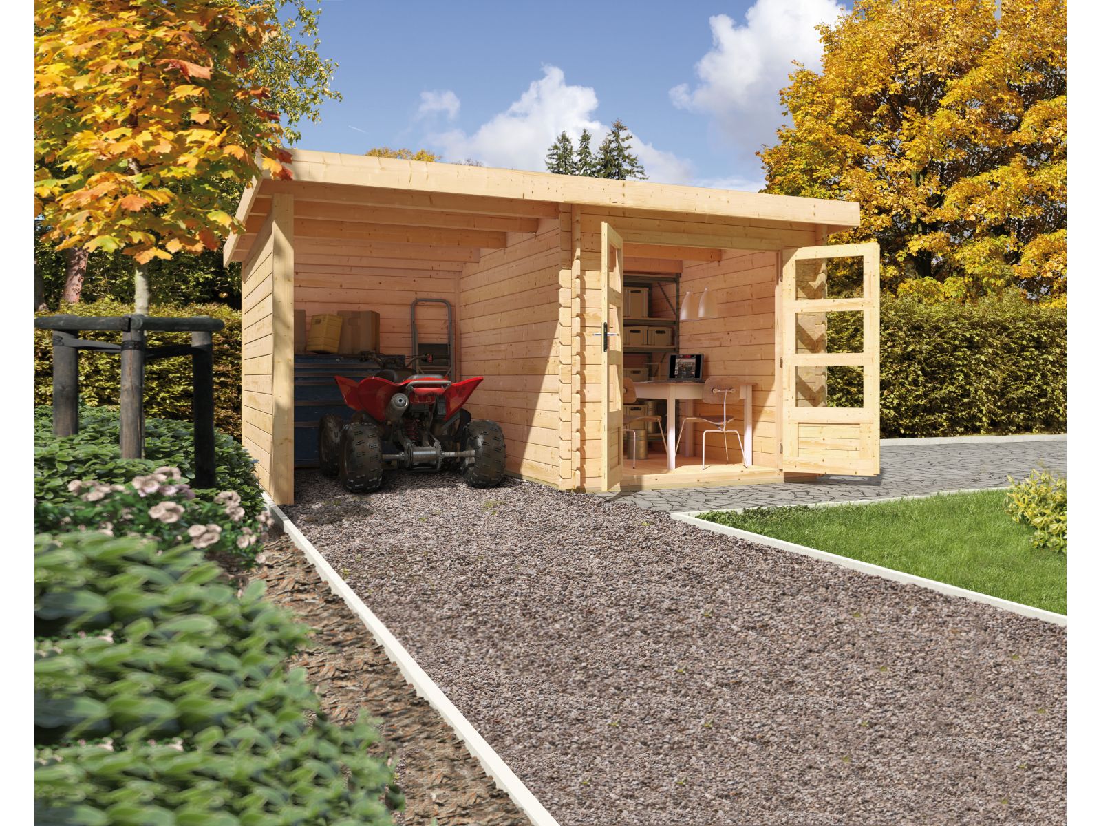 Karibu Gartenhaus Bastrup 2 mit Anbaudach 2 Meter, Seiten- und Rückwand