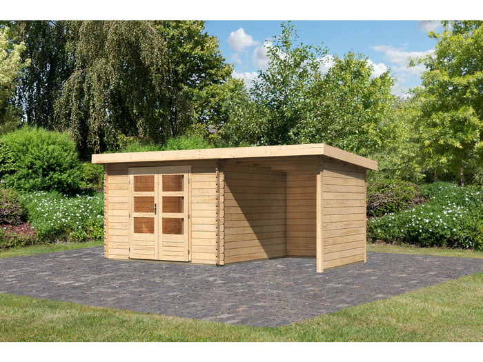 Karibu Gartenhaus Bastrup 5 mit Anbaudach 2 Meter sowie Seiten- und Rückwand natur