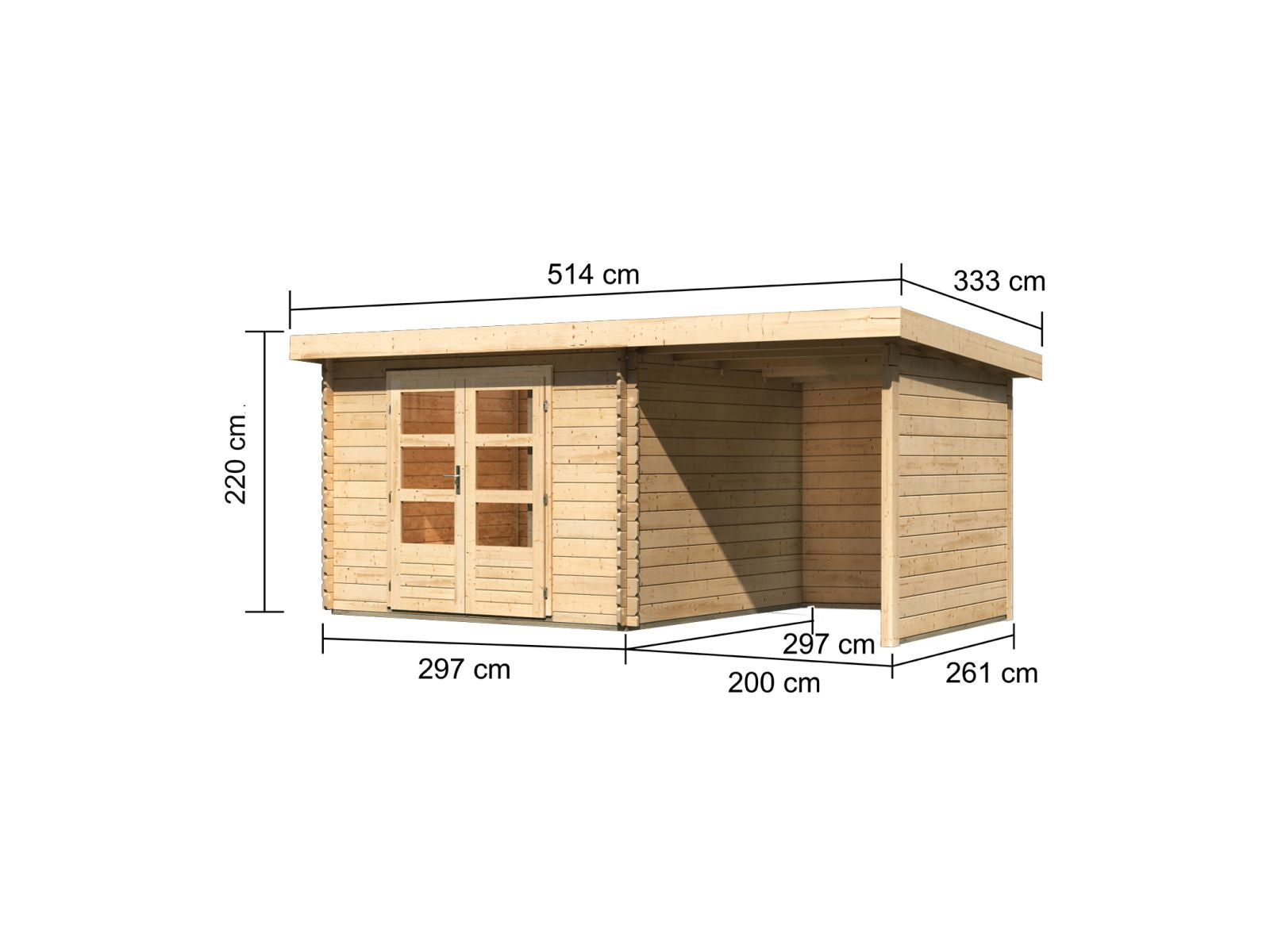 Karibu Gartenhaus Bastrup 5 mit Anbaudach 2 Meter sowie Seiten- und Rückwand natur