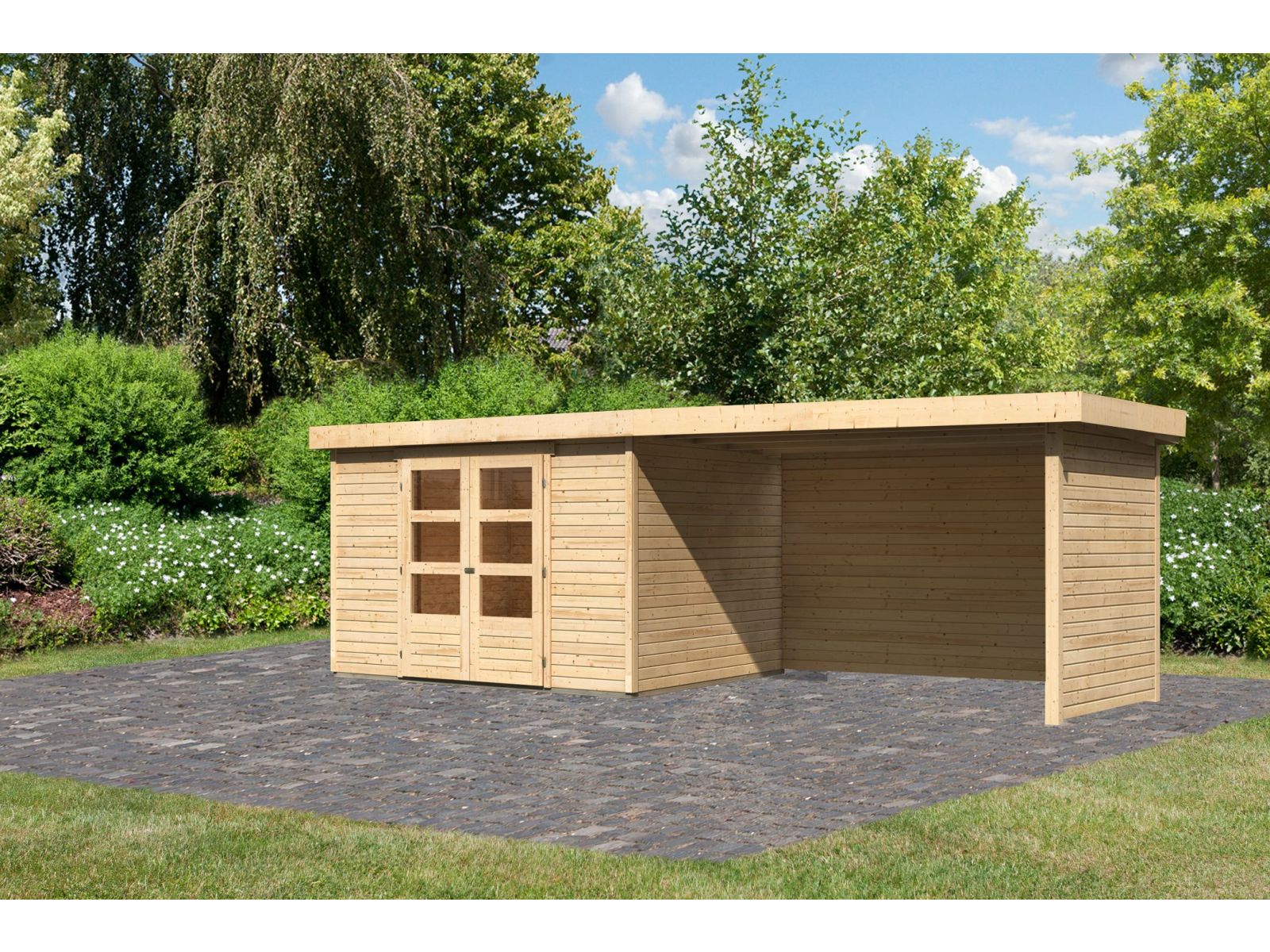 Karibu Gartenhaus Askola 5 mit Anbaudach 2,75 Meter, Seiten- und Rückwand