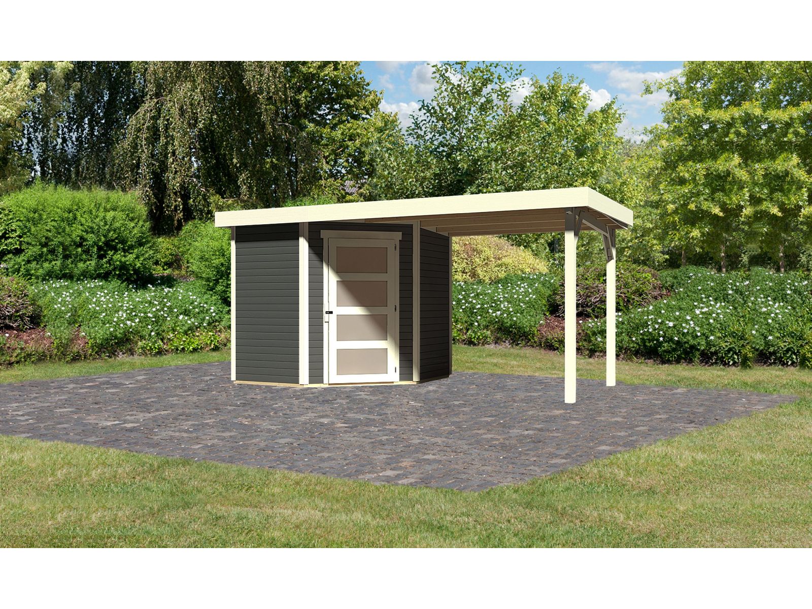 Karibu Gartenhaus Schwandorf 3 terragrau mit Anbaudach 2,25 Meter