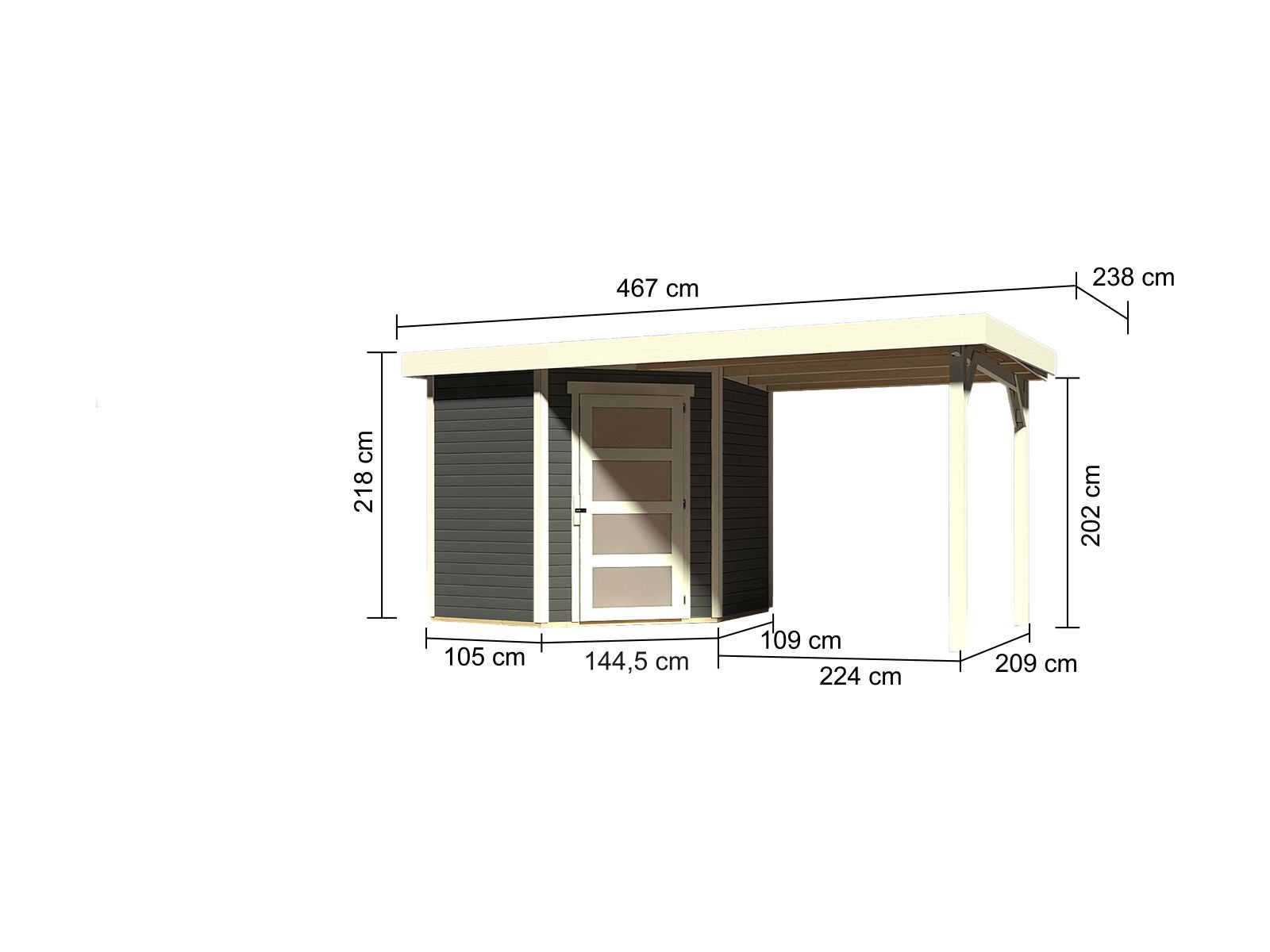 Karibu Gartenhaus Schwandorf 3 terragrau mit Anbaudach 2,25 Meter