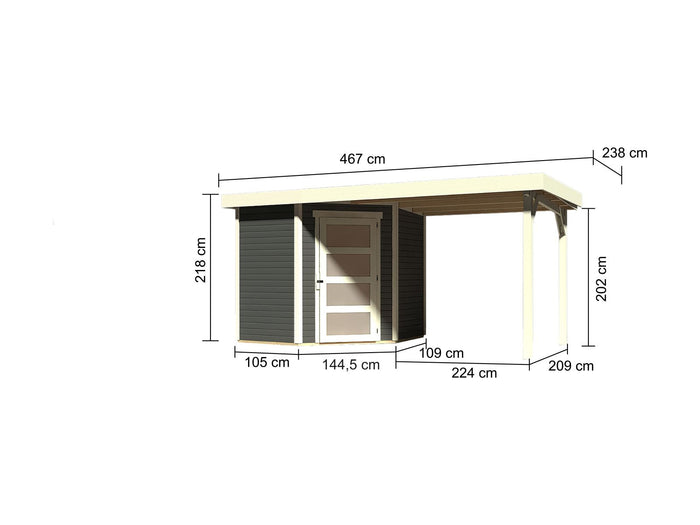 Karibu Gartenhaus Schwandorf 3 terragrau mit Anbaudach 2,25 Meter