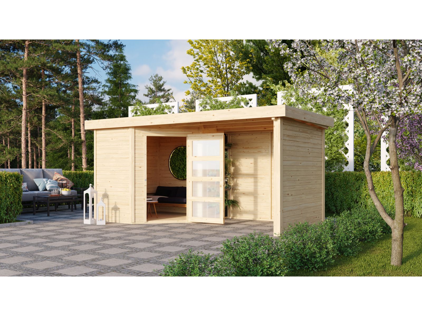 Karibu Gartenhaus Schwandorf 3 natur mit Anbaudach 2,25 Meter, Seiten- und Rückwand