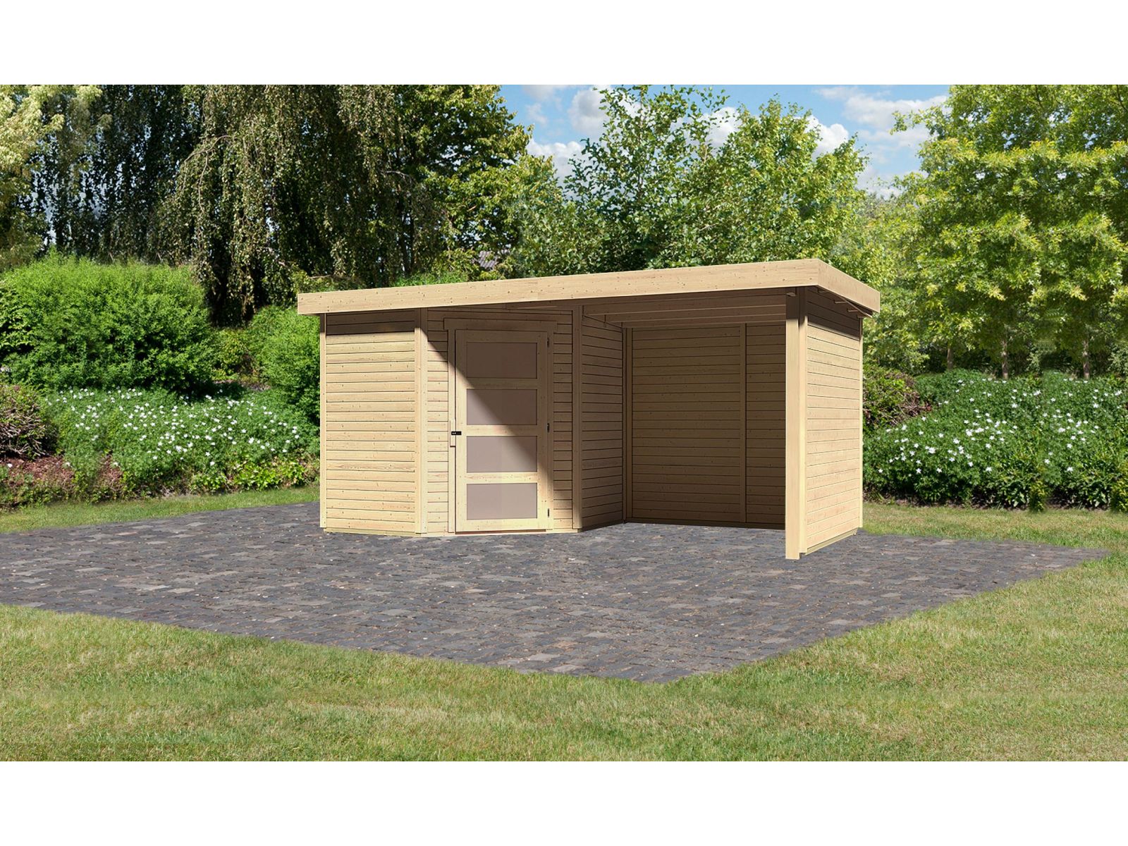 Karibu Gartenhaus Schwandorf 3 natur mit Anbaudach 2,25 Meter, Seiten- und Rückwand