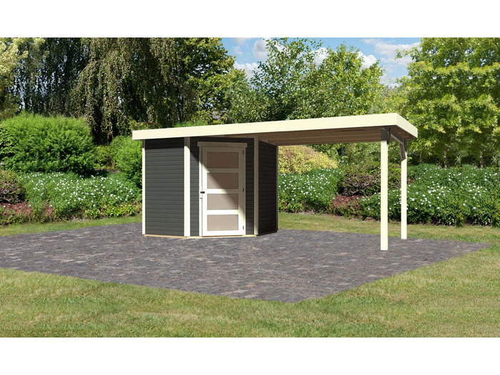 Karibu Gartenhaus Schwandorf 3 terragrau mit Anbaudach 2,80 Meter