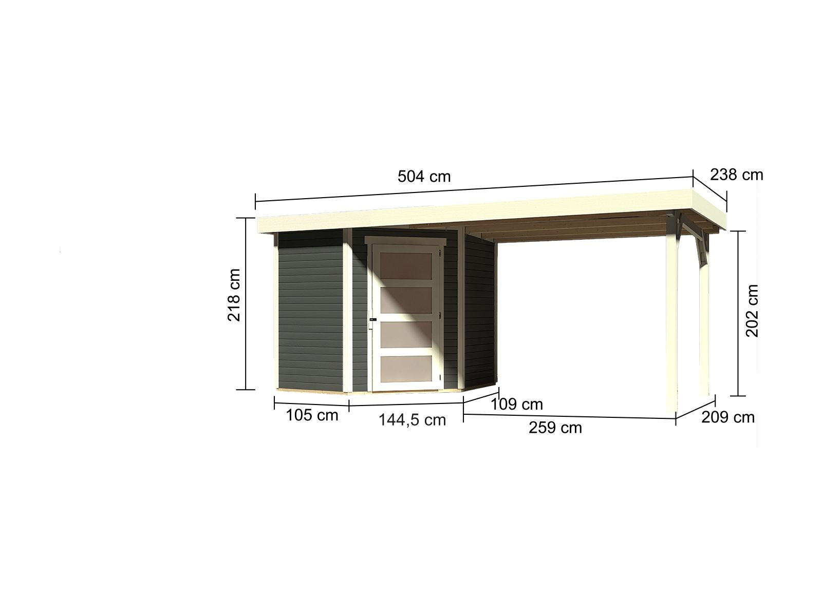 Karibu Gartenhaus Schwandorf 3 terragrau mit Anbaudach 2,80 Meter