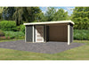 Karibu Gartenhaus Schwandorf 3 terragrau mit Anbaudach 2,75 Meter, Seiten- und Rückwand