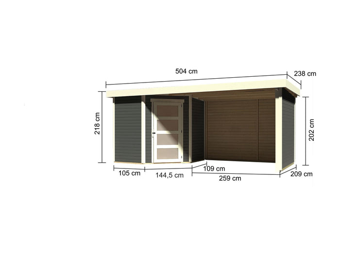 Karibu Gartenhaus Schwandorf 3 terragrau mit Anbaudach 2,75 Meter, Seiten- und Rückwand