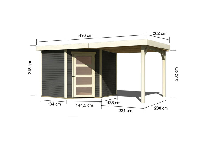 Karibu Gartenhaus Schwandorf 5 terragrau mit Anbaudach 2,25 Meter