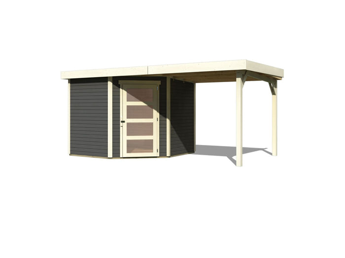 Karibu Gartenhaus Schwandorf 5 terragrau mit Anbaudach 2,25 Meter