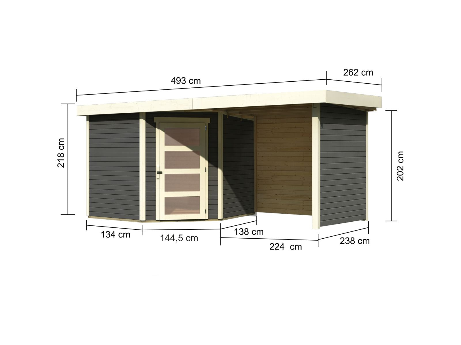 Karibu Gartenhaus Schwandorf 5 terragrau mit Anbaudach 2,25 Meter, Seiten- und Rückwand