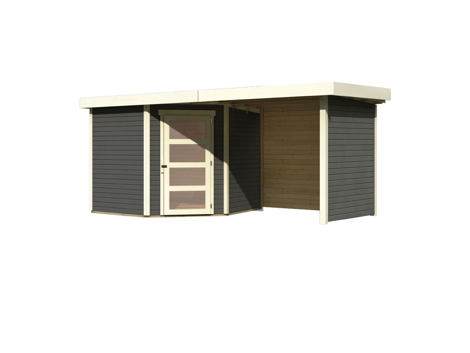 Karibu Gartenhaus Schwandorf 5 terragrau mit Anbaudach 2,25 Meter, Seiten- und Rückwand