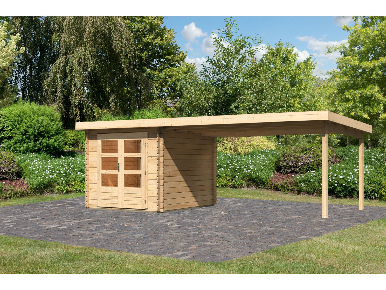 Karibu Gartenhaus Bastrup 4 mit Anbaudach 4 Meter natur