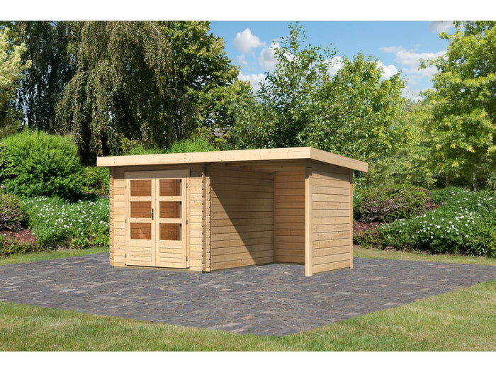 Karibu Gartenhaus Bastrup 4 mit Anbaudach 2 Meter, Rück- und Seitenwand