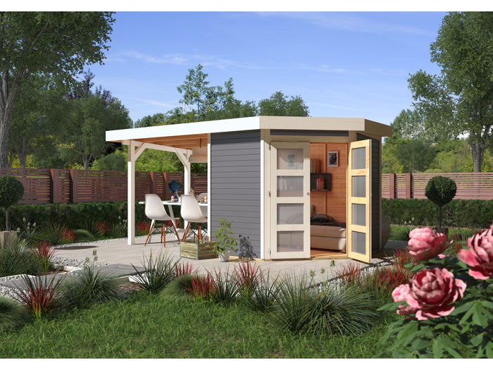 Karibu Gartenhaus Goldendorf 3 terragrau 19 mm mit Anbaudach 2,20 m