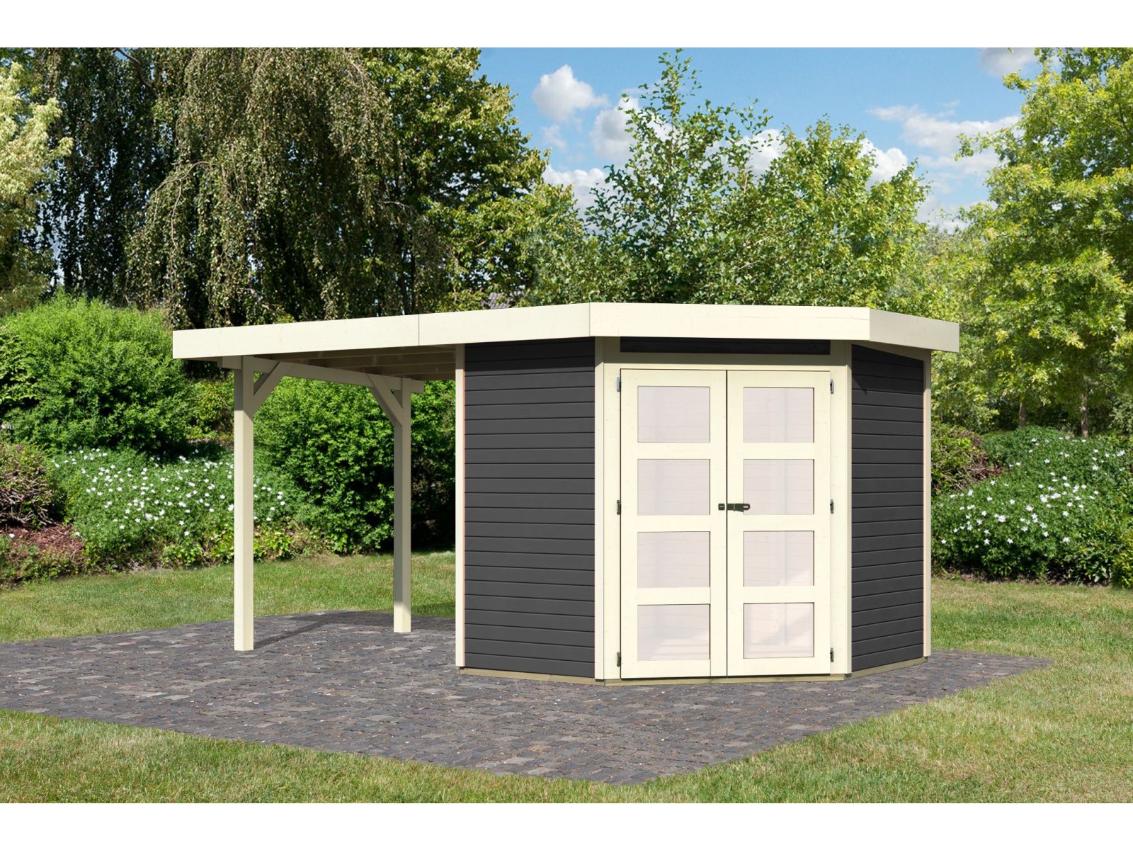 Karibu Gartenhaus Goldendorf 3 terragrau 19 mm mit Anbaudach 2,20 m