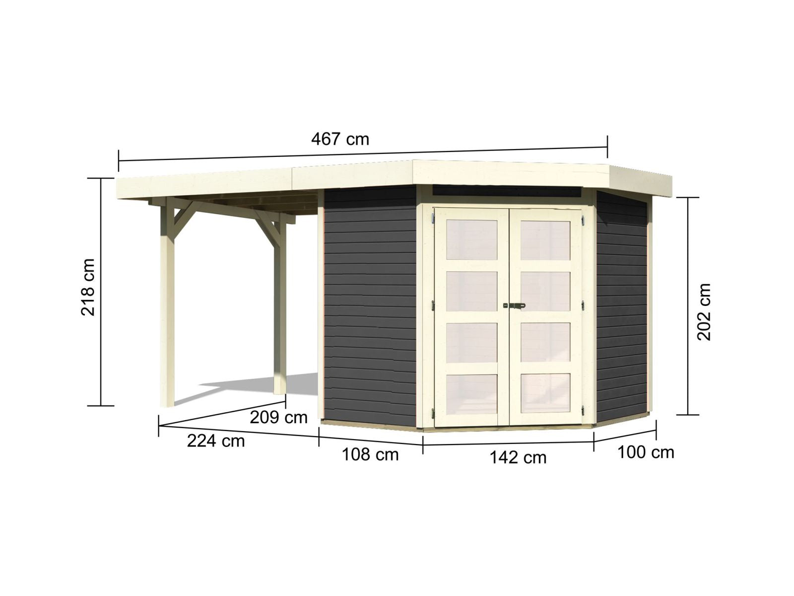 Karibu Gartenhaus Goldendorf 3 terragrau 19 mm mit Anbaudach 2,20 m