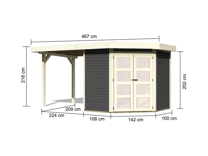 Karibu Gartenhaus Goldendorf 3 terragrau 19 mm mit Anbaudach 2,20 m