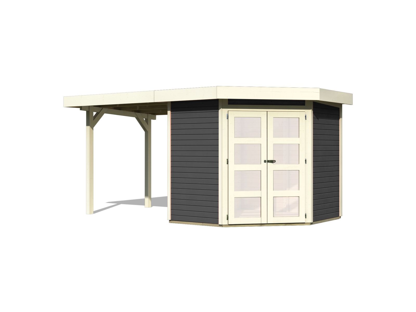 Karibu Gartenhaus Goldendorf 3 terragrau 19 mm mit Anbaudach 2,20 m