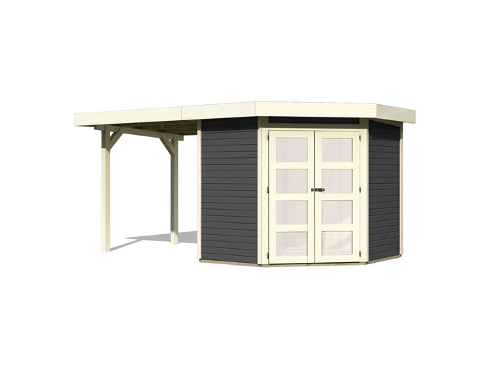 Karibu Gartenhaus Goldendorf 3 terragrau 19 mm mit Anbaudach 2,20 m