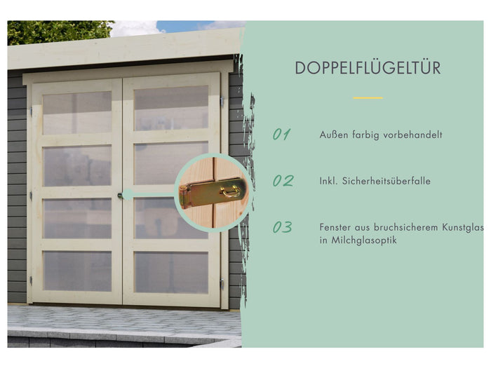 Karibu Gartenhaus Goldendorf 3 terragrau 19 mm mit Anbaudach 2,20 m