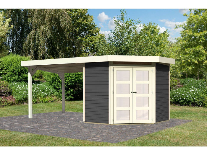 Karibu Gartenhaus Goldendorf 3 terragrau 19 mm mit Anbaudach 2,80 m