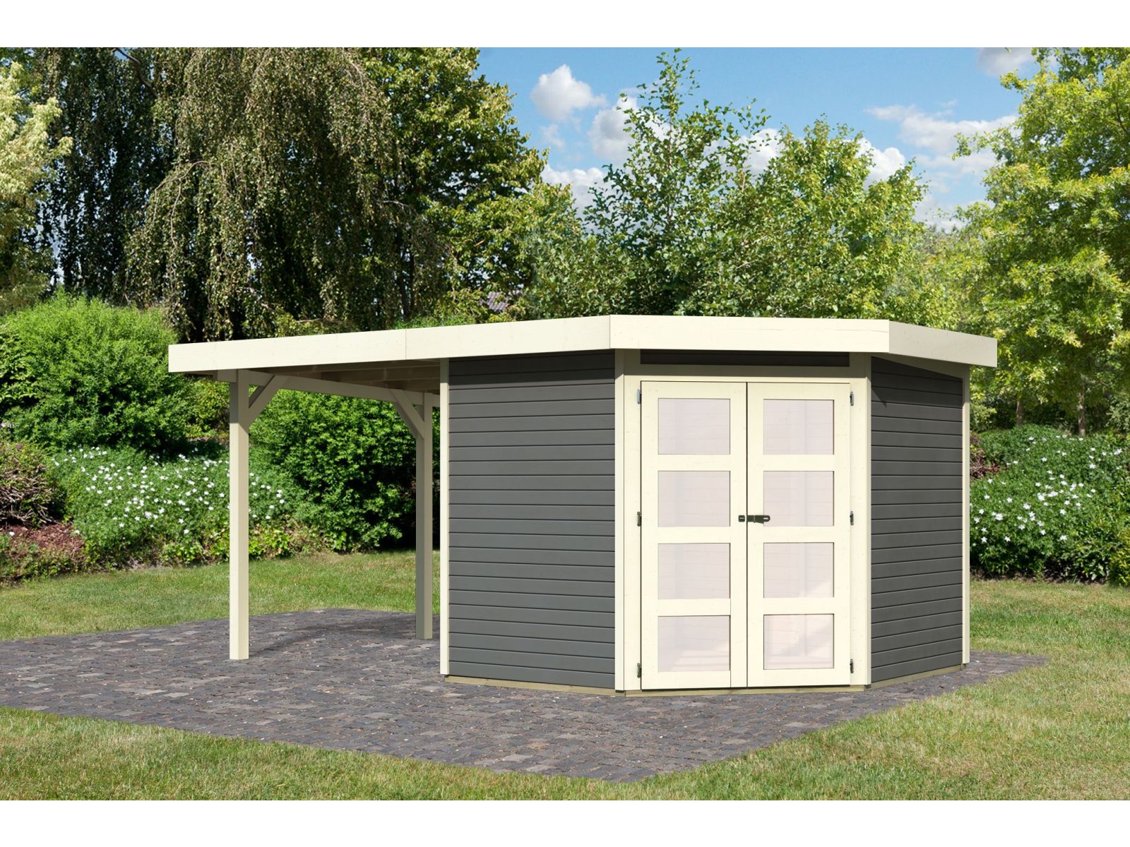 Karibu Gartenhaus Goldendorf 5 terragrau 19 mm mit Anbaudach 2,20 m