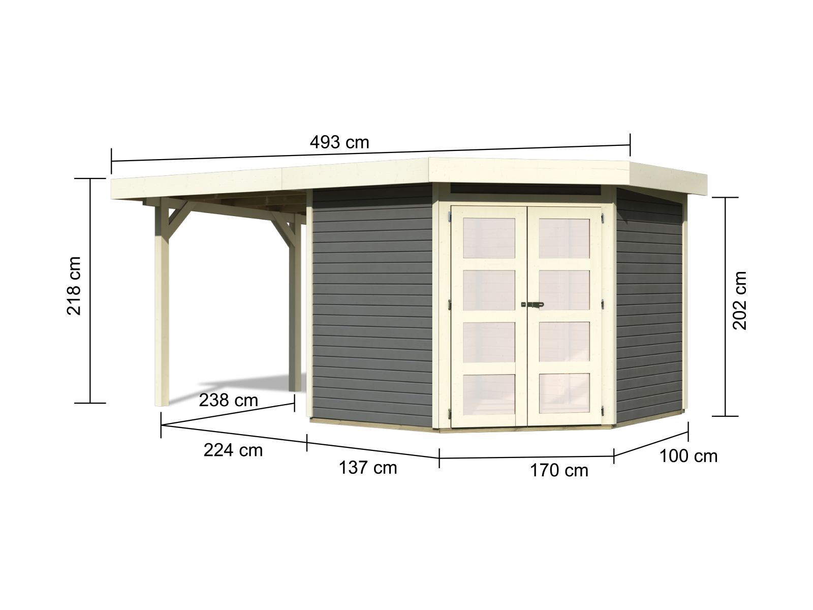 Karibu Gartenhaus Goldendorf 5 terragrau 19 mm mit Anbaudach 2,20 m