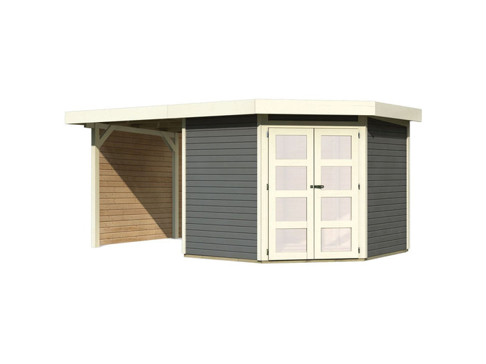 Karibu Gartenhaus Goldendorf 5 terragrau 19 mm mit Anbaudach 2,20 m, Seiten- und Rückwand