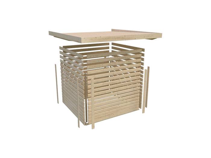 Karibu Gartenhaus Goldendorf 5 terragrau 19 mm mit Anbaudach 2,20 m, Seiten- und Rückwand