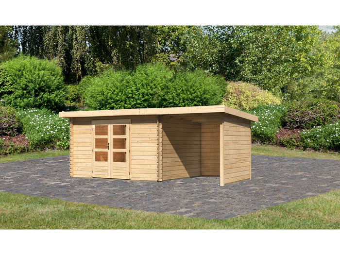 Karibu Gartenhaus Bastrup 7 mit Anbaudach 2 Meter, Rück- und Seitenwand