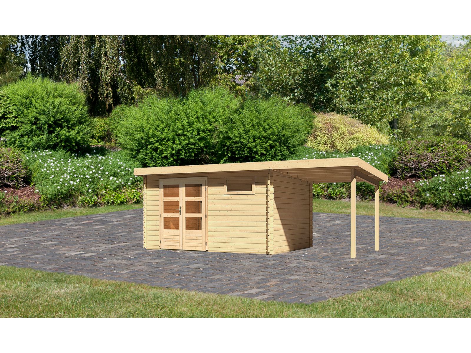 Karibu Gartenhaus Bastrup 8 mit Anbaudach 2 Meter naturbelassen
