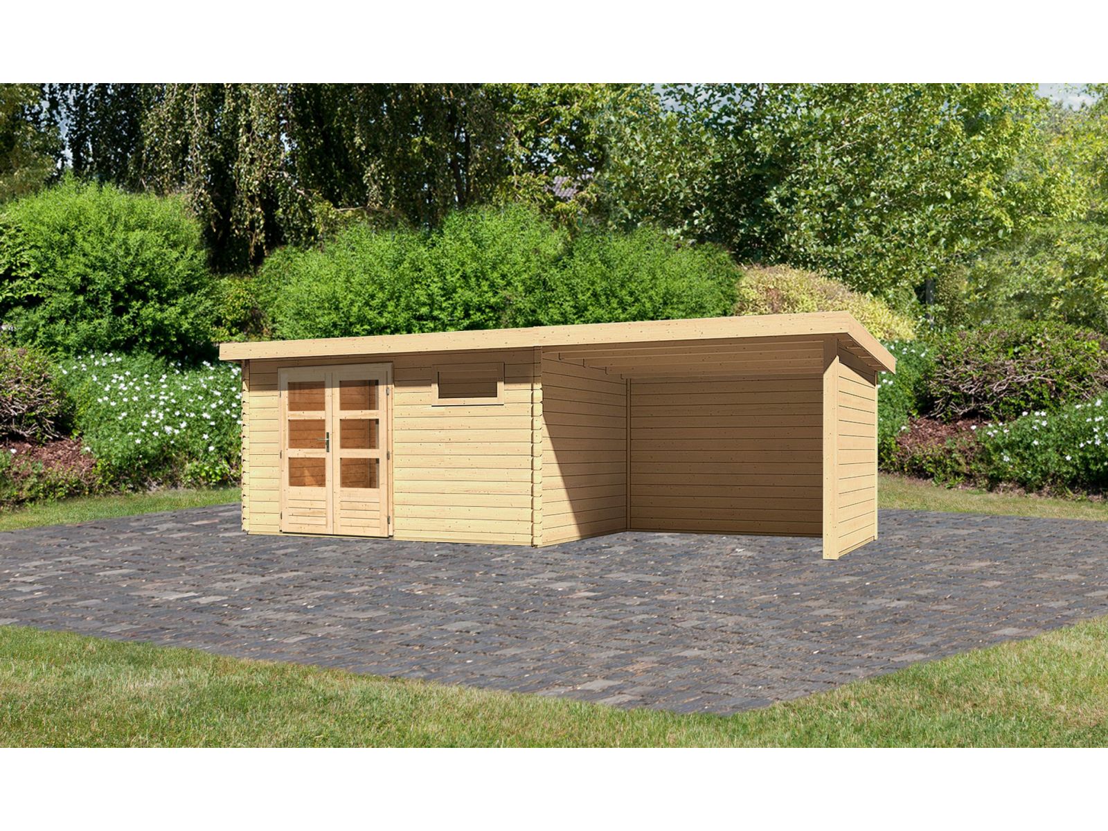 Karibu Gartenhaus Bastrup 8 mit Anbaudach 3 Meter, Rück- und Seitenwand