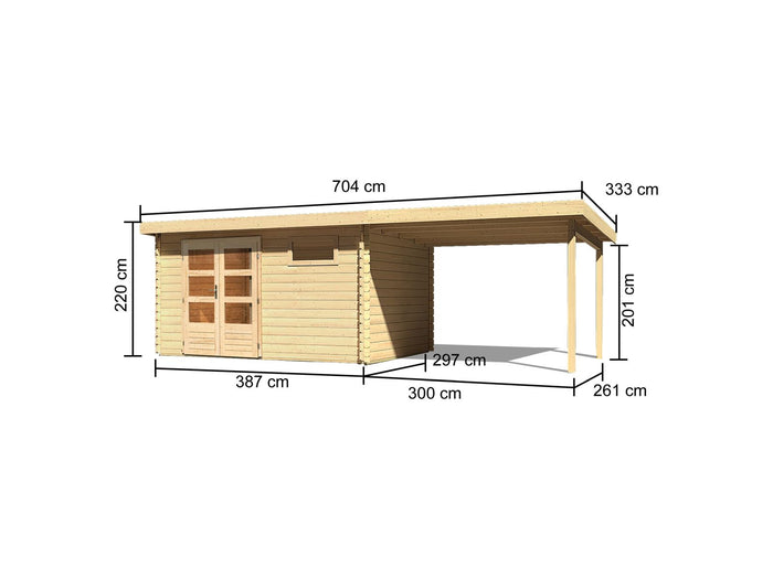 Karibu Gartenhaus Bastrup 8 mit Anbaudach 3 Meter natur