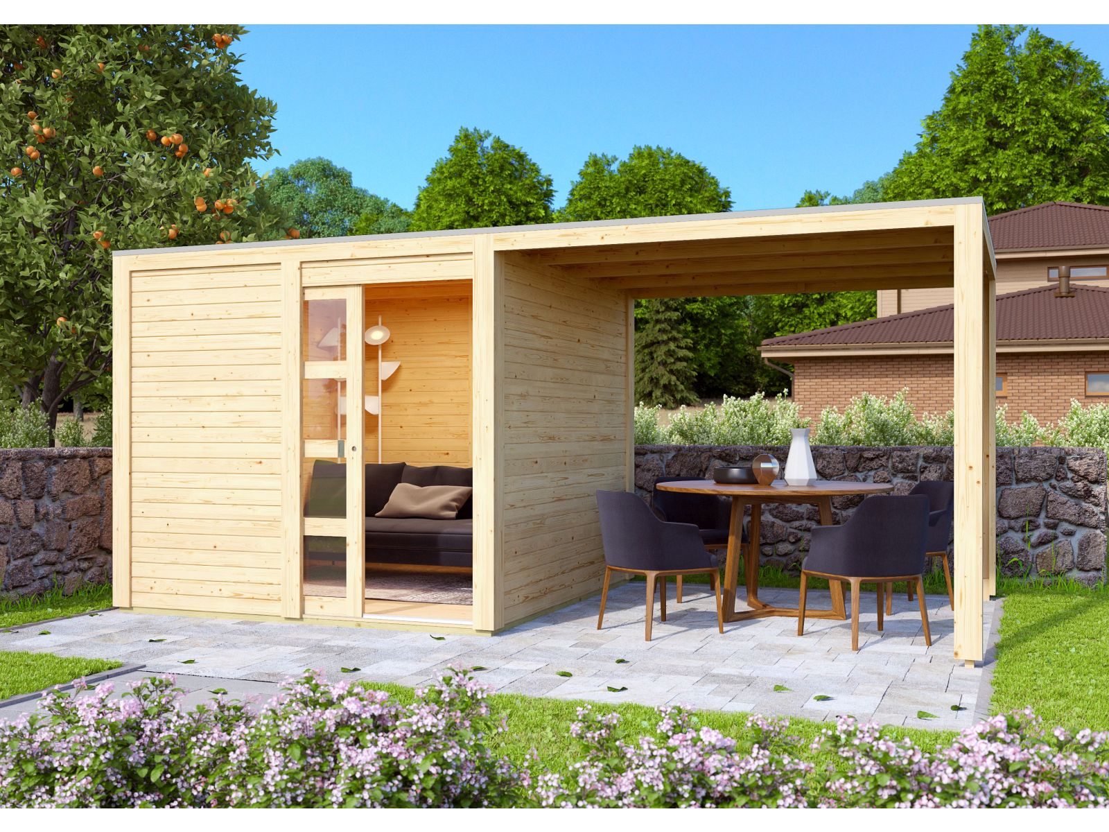 Karibu Gartenhaus Qubic natur mit Anbaudach