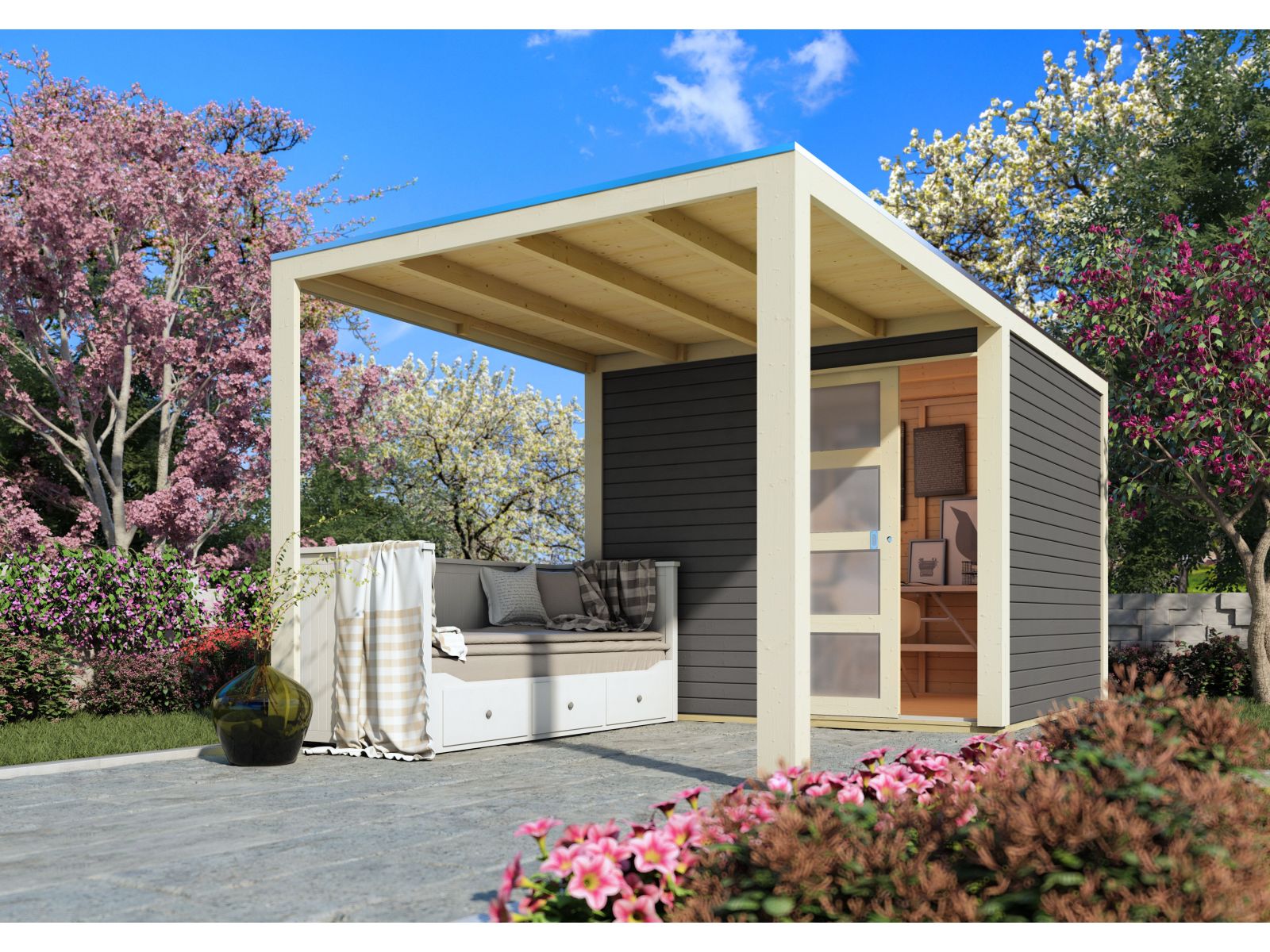 Karibu Gartenhaus Qubic in terragrau mit Anbaudach