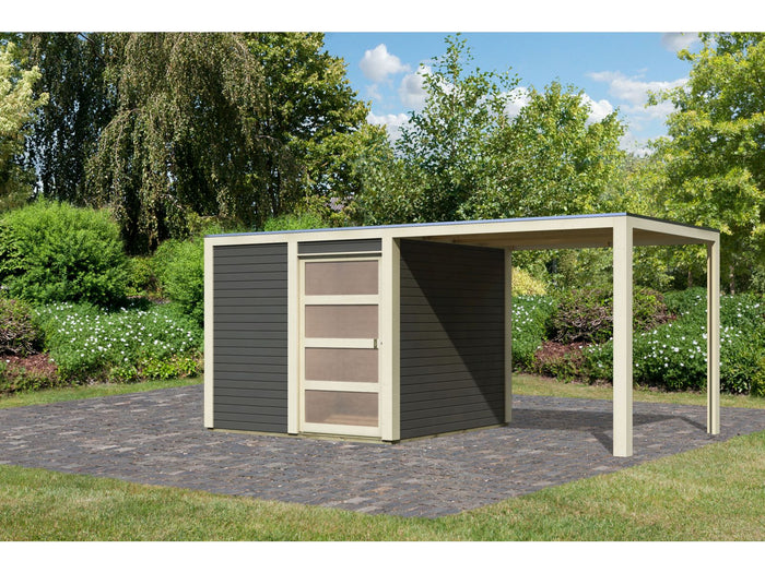 Karibu Gartenhaus Qubic in terragrau mit Anbaudach
