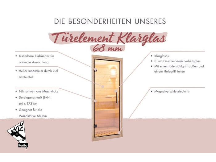 Karibu Saunatür Classic klarglas für 68 mm Wandstärke