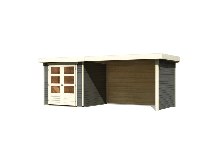 Karibu Gartenhaus Askola 2 terragrau mit Anbaudach 2,80 Meter, Seiten- und Rückwand