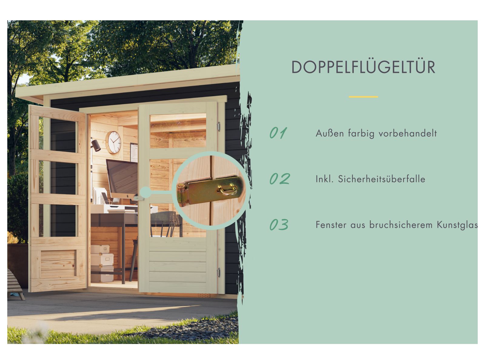 Karibu Gartenhaus Askola 2 terragrau mit Anbaudach 2,80 Meter, Seiten- und Rückwand