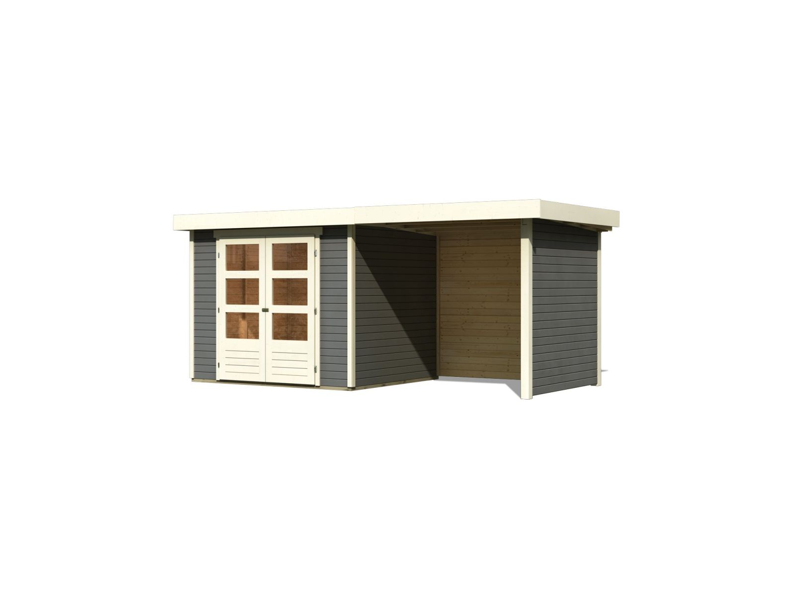 Karibu Gartenhaus Askola 3 in terragrau mit Anbaudach 2,40 Meter, Seiten- und Rückwand