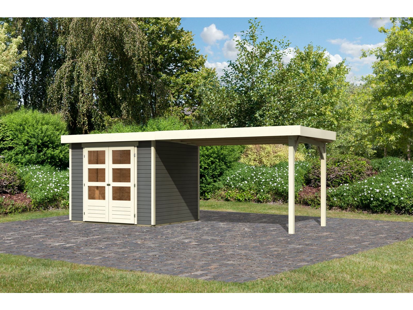 Karibu Gartenhaus Askola 3 in terragrau mit Anbaudach 2,80 Meter