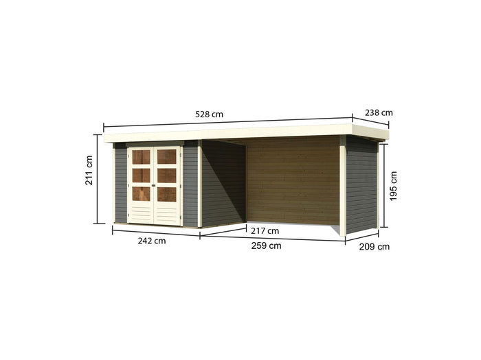 Karibu Gartenhaus Askola 3 in terragrau mit Anbaudach 2,80 Meter, Seiten- und Rückwand